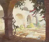 Peter Adams, Courtyard at Mission San Juan Capistrano, oil on board