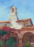 Stephen Mirich, Mission with Bougainvillea, oil on Masonite