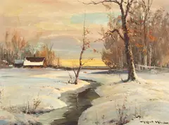 Winter's Arrival by Robert William Wood, oil on canvas, sold Apr 2024