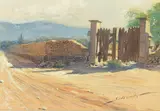 Ira Diamond Gerald Cassidy, Old Fence and Stone Wall in a New Mexican Landscape, watercolor and gouache on paper