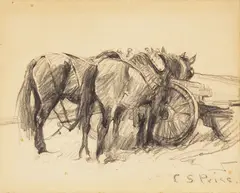 C. S. Price, Two Horses by a Cart, pencil on paper laid to board