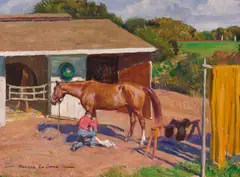 Howard Everett Smith, Checking His Horse's Hoof, oil on canvasboard