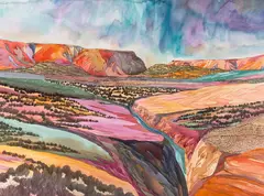 Fran Larsen, Overlooking the River, circa 2000, watercolor on paperboard in an artist-decorated frame