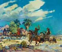Marjorie Jane Reed, Frustrated Hold-up at the Dos Palmas Station (Sketch for the Bradford Stage Road Series), oil on canvasboard