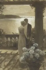 Figures on a Moonlit Balcony by Guy Rose, mixed media on paper, offered Apr 2024