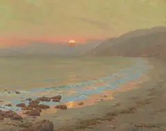 Granville Redmond, Coastal Scene at Sunset (Golden Dusk), oil on canvas