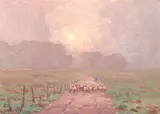 Granville Redmond, Shepherd Herding Sheep in a Misty Landscape