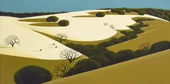 Eyvind Earle, Santa Ynez Hillside with Oaks and Cows, oil on canvas