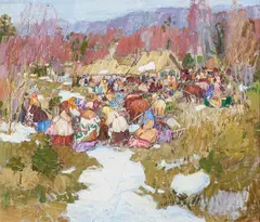 Forest Marketplace by Leon Gaspard, oil on canvas laid to board, offered Apr 2024
