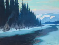 Clarence Gagnon, Winter Camp Along a River, Quebec, oil on canvas