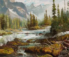 John Clymer, Where the Cool Moss Grows, Morain River, oil on Masonite