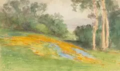 William Franklin Jackson, Poppies and Lupine in a Landscape, watercolor on paper