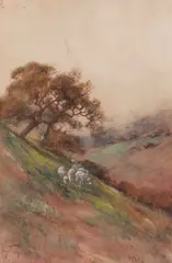 Sheep on a Hillside by Hugo Anton Fisher, watercolor on paper, offered Aug 2024