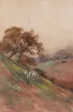 Sheep on a Hillside by Hugo Anton Fisher, watercolor on paper, offered Aug 2024