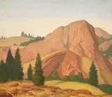 Maurice Del Mue, Navarro Rock, Mendocino County, oil on Masonite