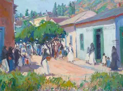 Mary Bradish Titcomb, Figures Strolling on a Street, oil on canvas