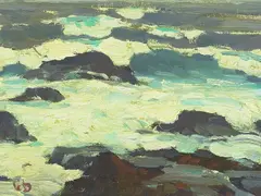 Coastal Scenes (a group of five) by Glenn Dean, three signed 'G Dean' (lower left), one initialed 'GD' (lower left) and one unsigned, sold Aug 2024