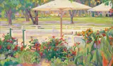 Garden Umbrella by Maria del Carmen Calvo, oil on canvas, offered Aug 2024