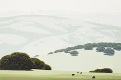 Eyvind Earle, Santa Ynez California Hillside & Grassland with Cows, oil on Masonite