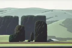 Eyvind Earle, Santa Ynez California Hillside, oil on Masonite