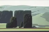 Eyvind Earle, Santa Ynez California Hillside, oil on Masonite