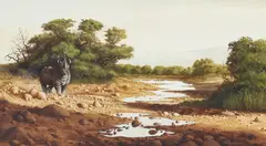 Harry E. Antis, Rhino by a Stream, watercolor and gouache on paper