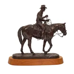 Pair of Aces (Cowboy on Horseback) by Keith Christie, Bronze with brown patina, sold Aug 2024