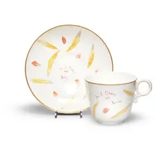 Hawaiian Royal Feather Decorated Cup and Saucer by Princess Kaʻiulani, 1891, gilt and painted porcelain, sold Aug 2024