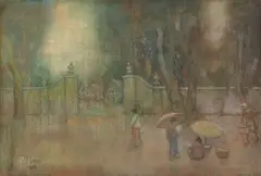A Village in Java by Charles William Bartlett, 1916, watercolor, charcoal and pastel on paper laid to board, offered Aug 2024