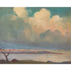 Downtown Honolulu from Sand Island by Frank Montague Moore, 1922, oil on board, sold Aug 2024