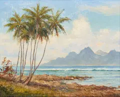 Arthur Trevor Haddon, Coconut Palm Tree on the Shore, oil on canvas laid to board