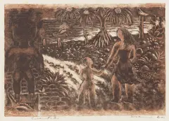 Isami Doi, Eventide, 1954, Wood engraving in colors on tissue thin japon paper