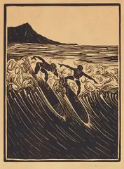 Ambrose McCarthy Patterson, Surfers at Waikiki with Diamond Head, n.d., Woodblock on wove paper