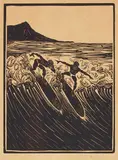 Ambrose McCarthy Patterson, Surfers at Waikiki with Diamond Head, n.d., Woodblock on wove paper