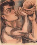 Don Thomas Schloat, Portrait of a Man Blowing a Conch, 1960, charcoal and pastel on paper