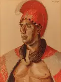 Ben Silbert, Portrait of Duke Kahanamoku in Kamehameha Feather Cape; Feathered Hawaiian war god Kūkaʻilimoku ["Kū, the snatcher of land"] (a group of two), watercolor on paper