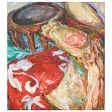 Madge Tennent, Still Life (Grass Skirt, Pāreu and Kava Bowl), circa 1928, oil on canvas laid to board