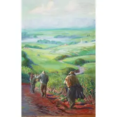 Shirley Ximena Hopper Russell, Plantation Workers at Red Hill Looking Towards the End of Pearl Harbor, Oʻahu, circa 1929, oil on canvas