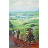 Shirley Ximena Hopper Russell, Plantation Workers at Red Hill Looking Towards the End of Pearl Harbor, Oʻahu, circa 1929, oil on canvas