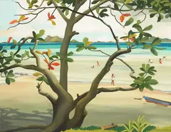 Genevieve, Landscape with Figures at the Beach, 1952, oil on canvasboard