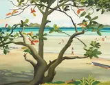 Genevieve, Landscape with Figures at the Beach, 1952, oil on canvasboard