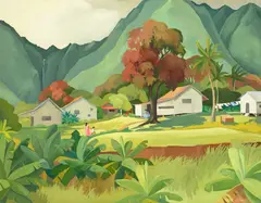 Genevieve, Hawaiian Landscape with Houses, oil on canvasboard