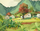 Genevieve, Hawaiian Landscape with Houses, oil on canvasboard