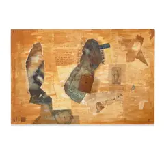 George Herms, Untitled, 1986, ink, graphite and printed paper collage with found metal and wire assemblage on panel