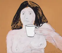 Joan Brown, Woman with Coffee Cup, 1973, acrylic and graphite on cardboard