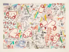 Billy Copley, Cleveland Box, 1993, acrylic, watercolor, ink, pencil, charcoal and Jade glue on paper