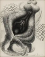 John T. Biggers, Untitled, 1974, charcoal on paper laid down on board