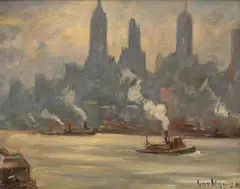 Morning on the River by Guy Carleton Wiggins, circa 1935-1941, oil on board, sold Aug 2024