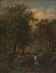 William Stanley Haseltine, Forest Landscape with Figure Beside a Brook, 1861, oil on canvas