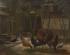 Chickens in a Barnyard by Ferdinand Richardt, circa 1890, oil on canvas, offered Aug 2024